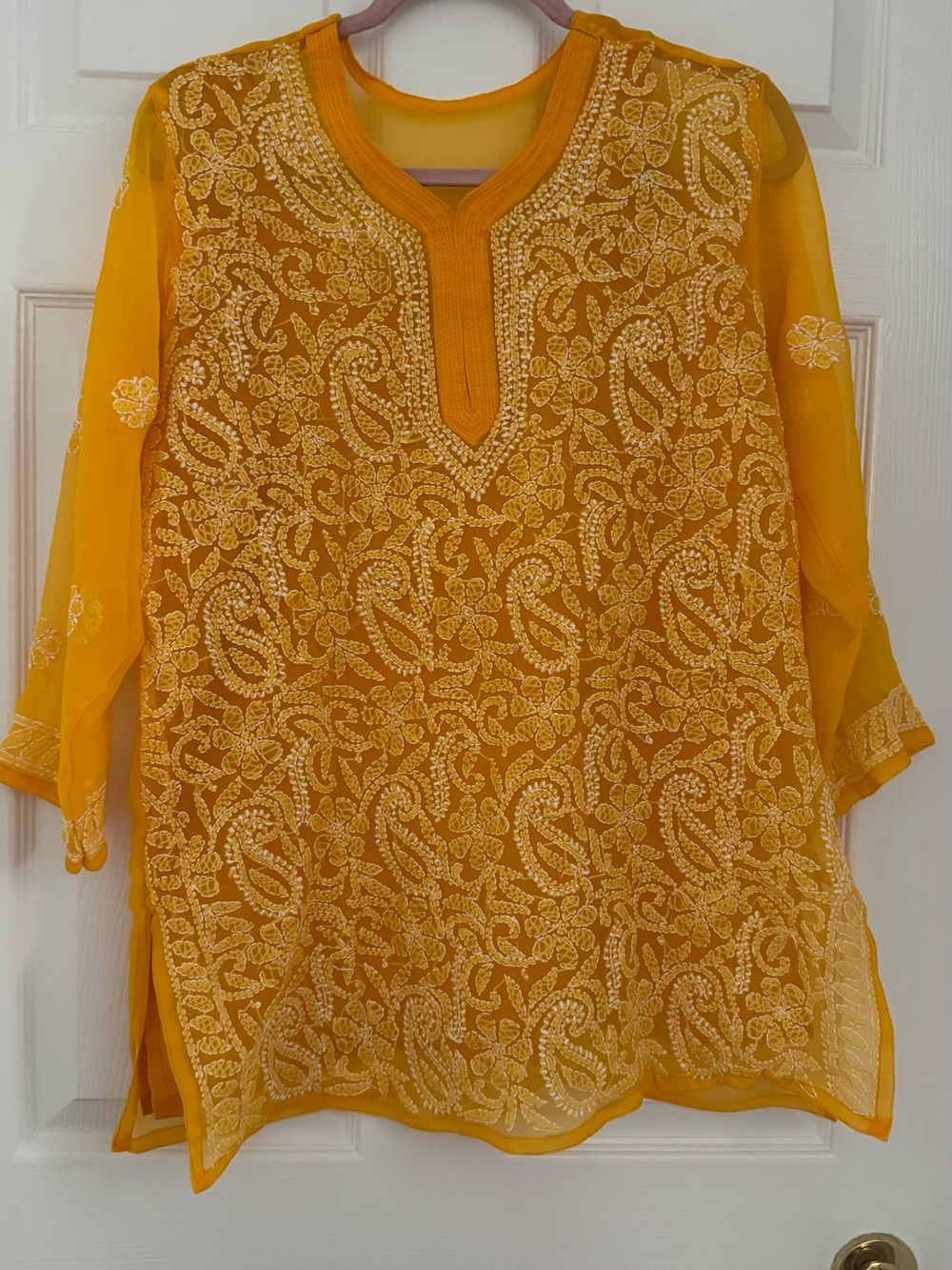 Yellow Chikankari Embroidered Sheer Net Kurti Top with Inner Slip